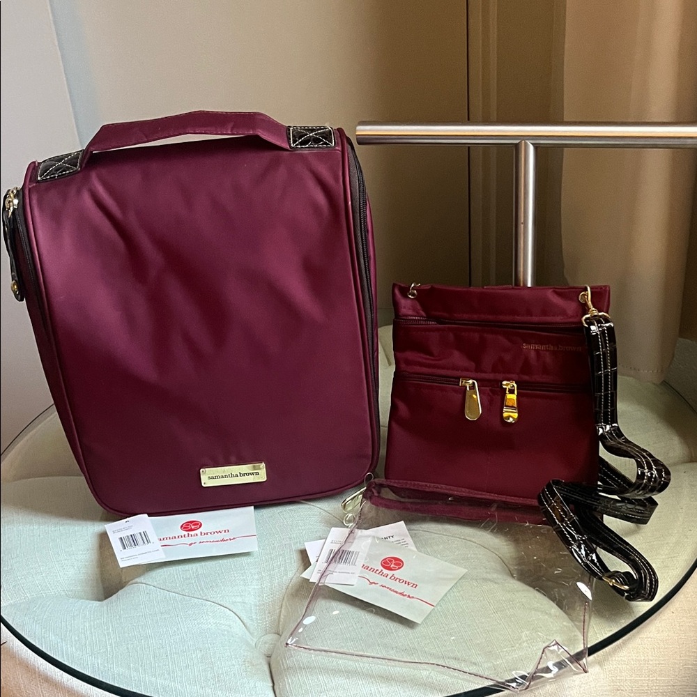 Samantha Brown Burgundy Nylon Travel Set Cosmetic Toiletry Crossbody Bag